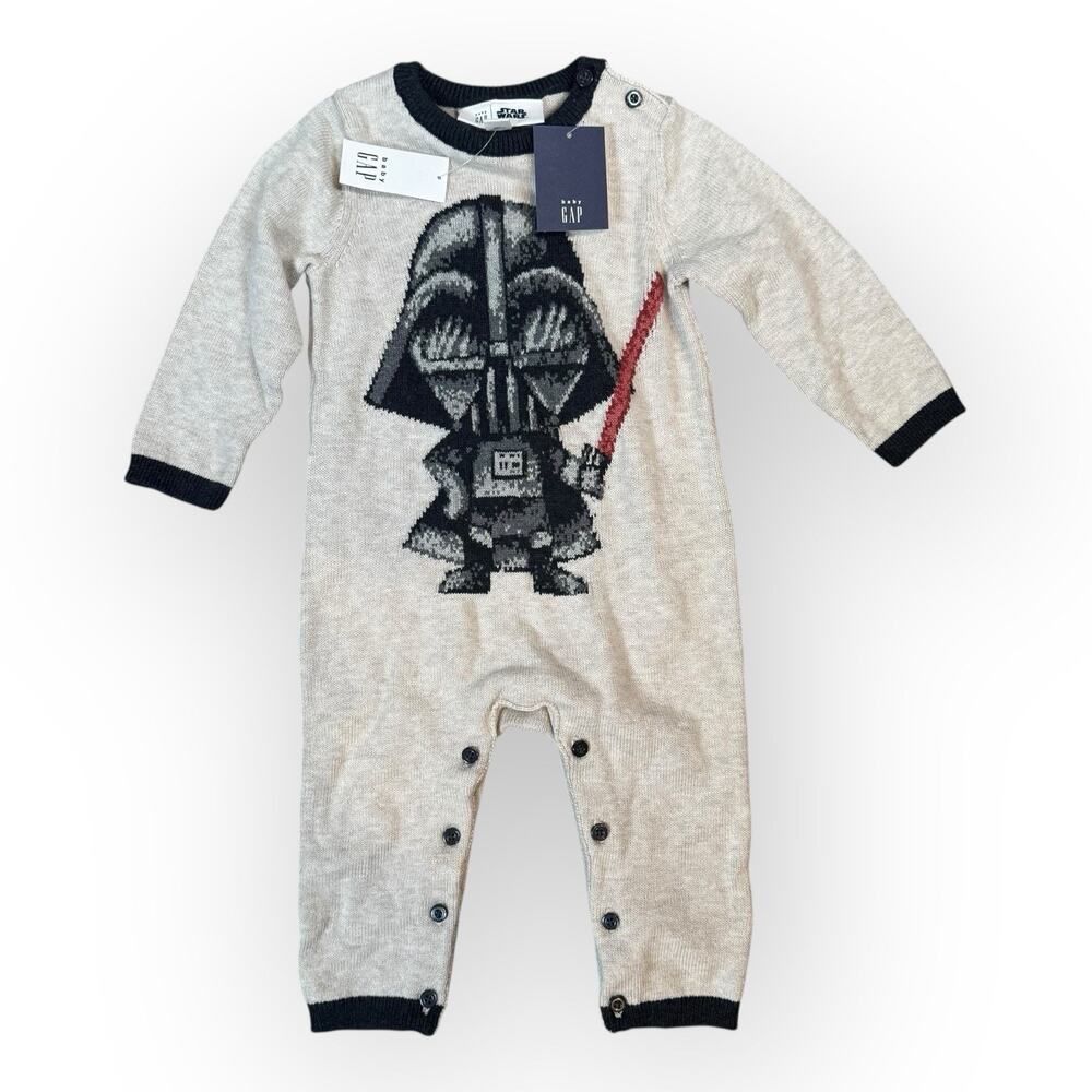 NWT Baby Gap Star Wars Darth‎ Vader Knit Long Sleeve Romper Size 6-12 Months